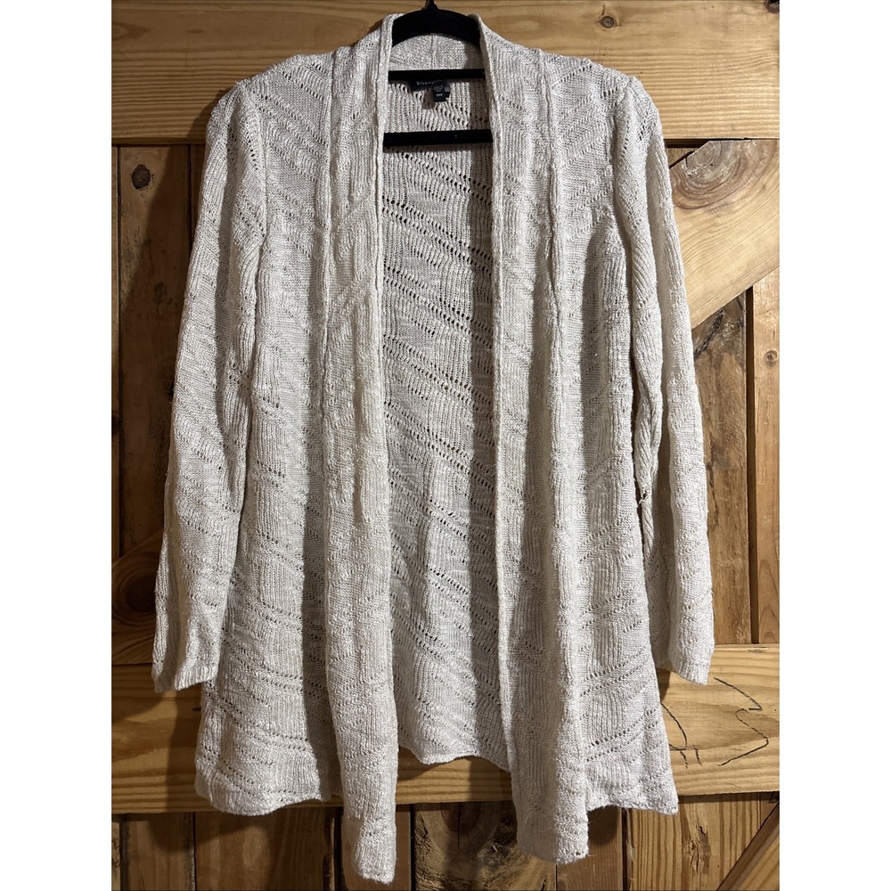 Eileen Fisher Linen Blend Pointelle Chevron Open Front Cardigan Medium Petite